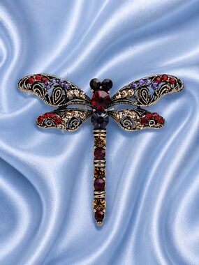 Dragonfly Red Crystal Gold Brooch